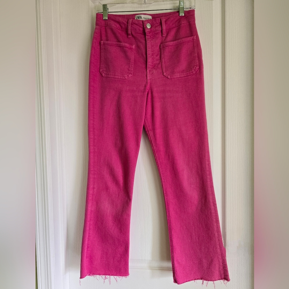 🩷EUC ZARA Pink High Rise Straight Leg Raw Hem Jeans, Size 4 - Picture 3 of 8
